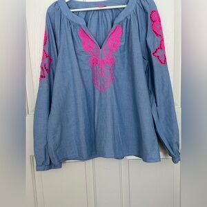 Lilly Pulitzer chambray Blouse with Pink Embroidery